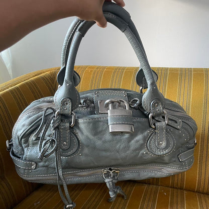 🔥 Authentic Vintage Chloé Paddington Zippy Satchel Bag in Grey Blue Leather Pre-owned 🔥