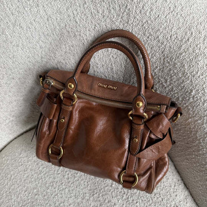 🔥 Authentic Miu Miu Mini Vitello Lux Brown Leather Handbag Pre-owned 🔥