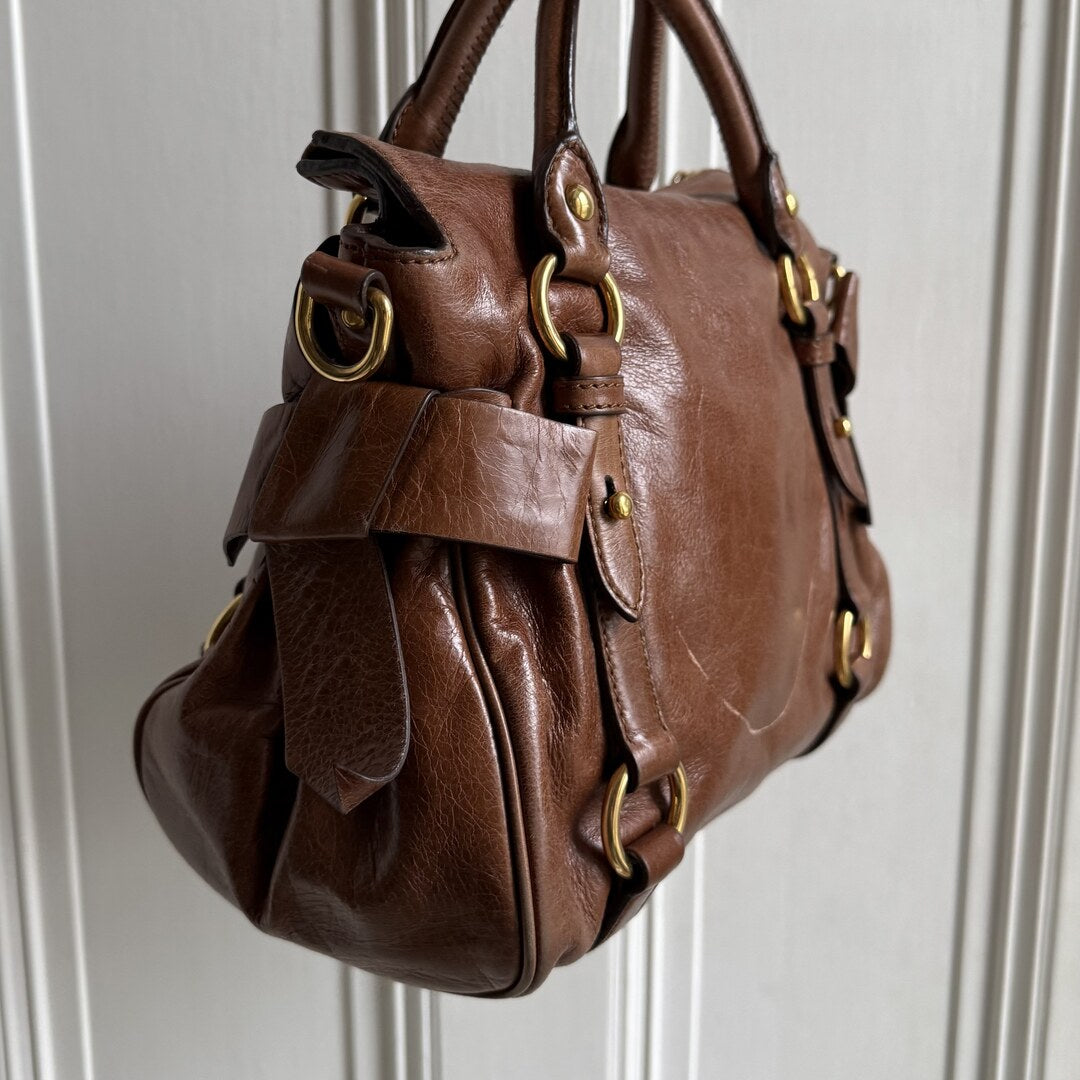 🔥 Authentic Miu Miu Mini Vitello Lux Brown Leather Handbag Pre-owned 🔥