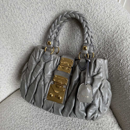 🔥 Authentic Miu Miu Matelasse Grey Leather Handbag Pre-owned 🔥