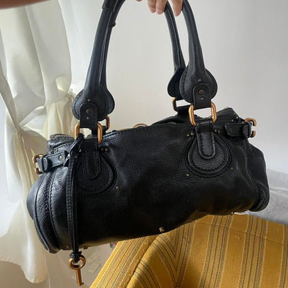 🔥 Authentic Vintage Classic Regular Size Black Leather Chloé Paddington Bag with Brass-toned Hardware Pre-owned 🔥