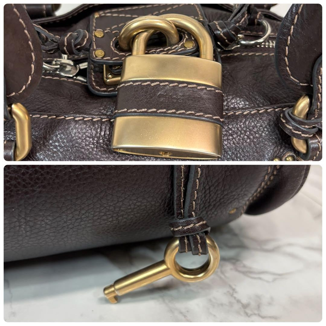 Rare Chloe Paddington Hand Bag Leather Dark Brown Padlock Key Used