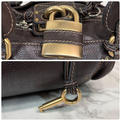 Rare Chloe Paddington Hand Bag Leather Dark Brown Padlock Key Used