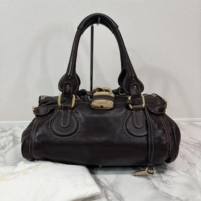 Rare Chloe Paddington Hand Bag Leather Dark Brown Padlock Key Used